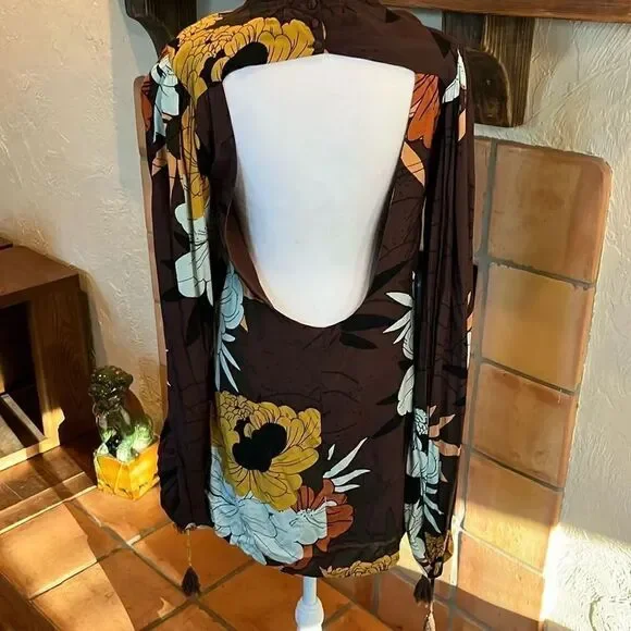 Free People Brown Floral Boho Balloon Sleeve Mini, size S - Picture 6 of 11